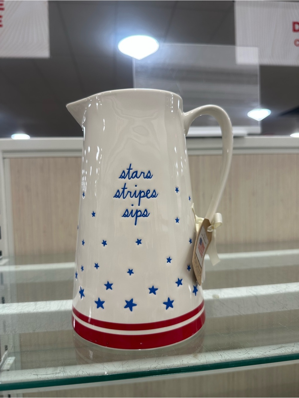Rae Dunn White Pitcher with Blue Stars and Red Stripes